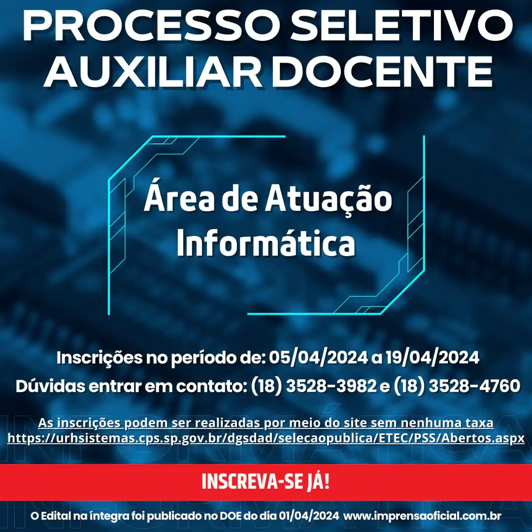 Capa da notícia Processo seletivo para Auxiliar Docente - Informática