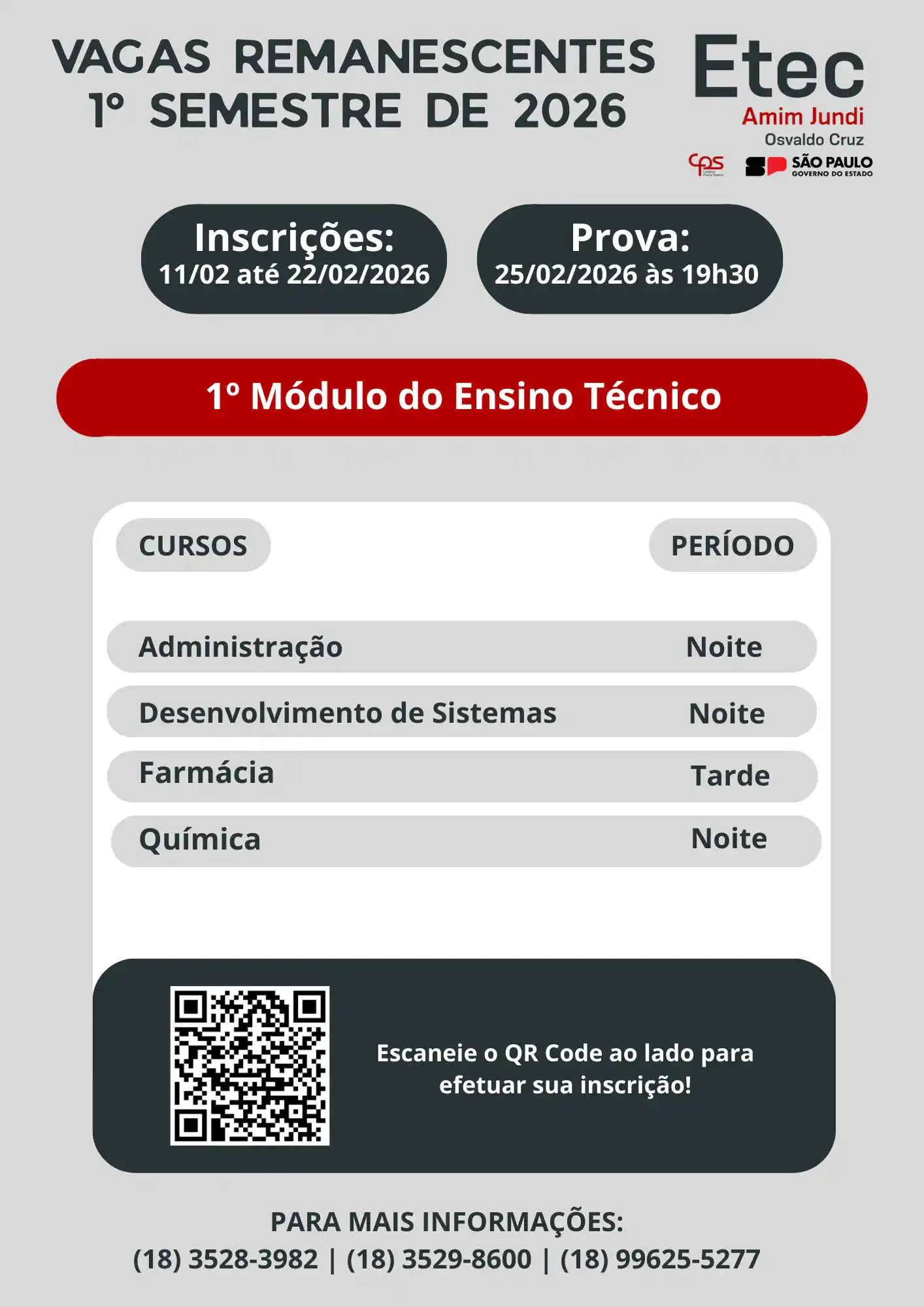 Capa da notícia Processo de Vagas Remanescentes – 1º Módulo do Ensino Técnico 1º Sem/2026