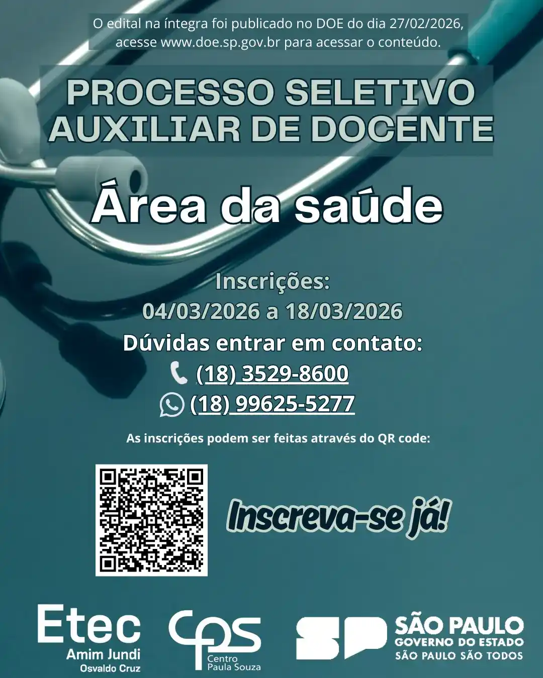Capa da notícia Processo Seletivo - 027/02/2026 - Auxiliar de Docente - Saúde
