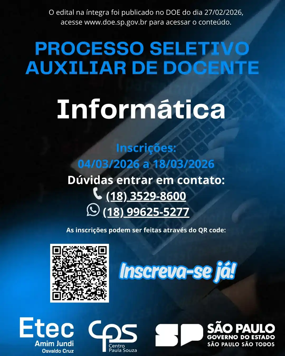 Capa da notícia Processo Seletivo - 027/01/2026 - Auxiliar de Docente - Informática