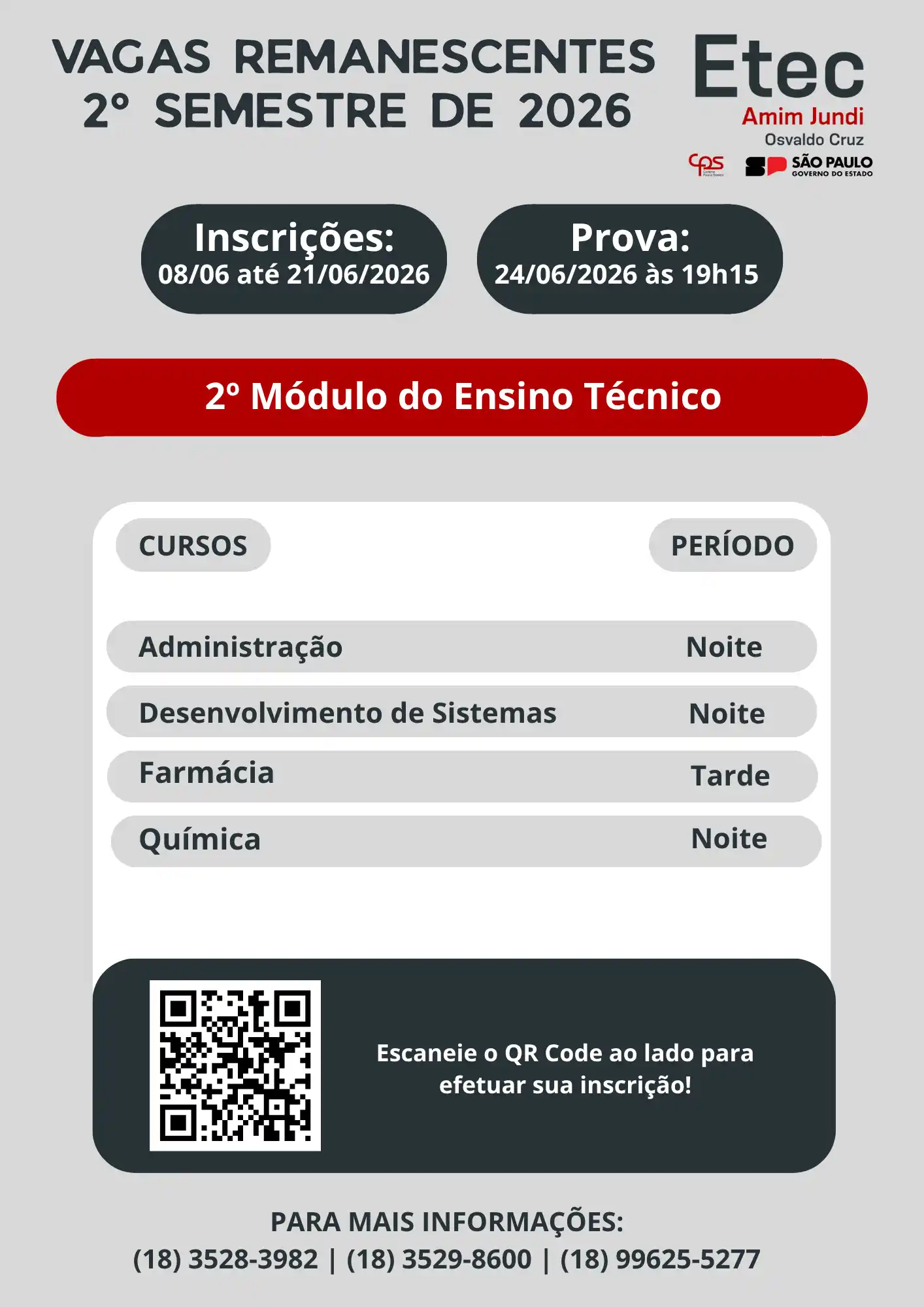 Capa da notícia PROCESSO DE VAGAS REMANESCENTES – 2º MÓDULO DO ENSINO TÉCNICO 2º SEM/2026